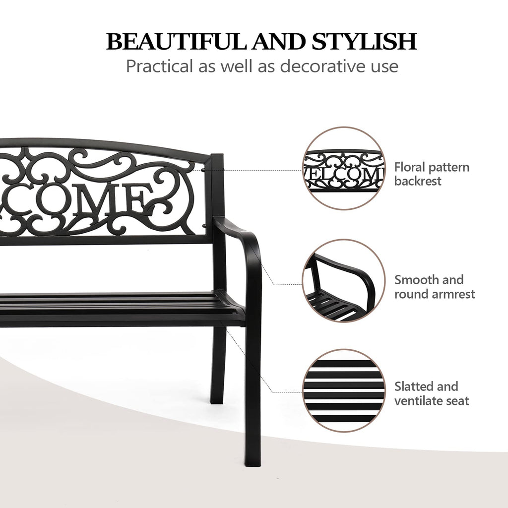 Vingli Outdoor Metal Garden Bench With Pvc Back Pattern, Black Steel Welcome Bench For Patio, Porch, Deck, Yard, Lawn Decor Entryway
