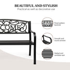 Vingli Outdoor Metal Garden Bench With Pvc Back Pattern, Black Steel Welcome Bench For Patio, Porch, Deck, Yard, Lawn Decor Entryway
