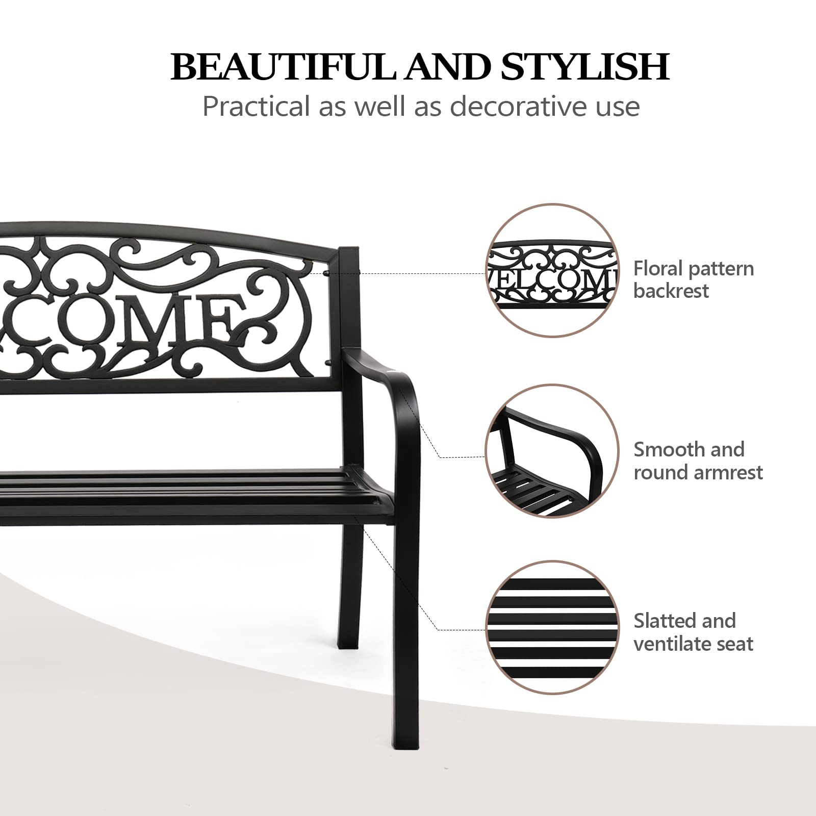 Vingli Outdoor Metal Garden Bench With Pvc Back Pattern, Black Steel Welcome Bench For Patio, Porch, Deck, Yard, Lawn Decor Entryway