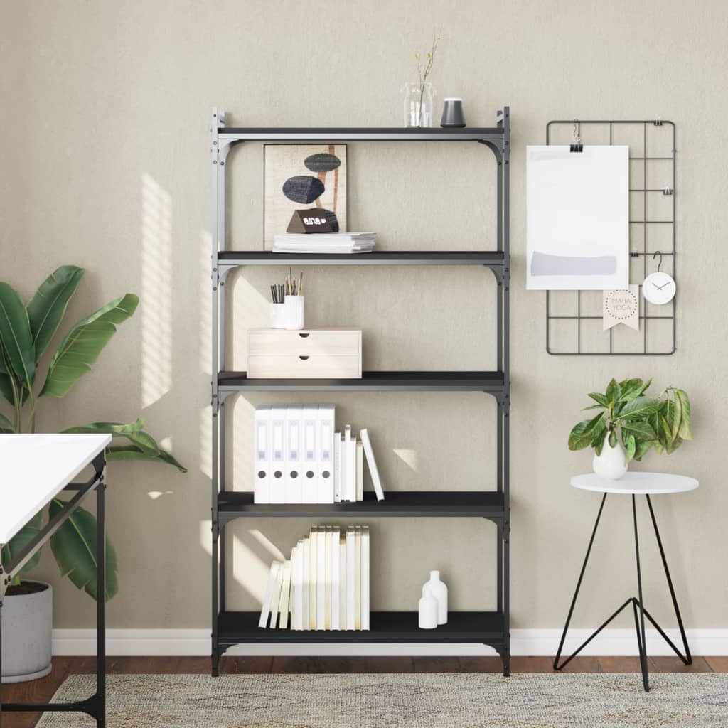 vidaXL Freestanding 5-Tier Bookcase – Engineered Wood and Metal Construction, Black Finish, Industrial Style, Ample Storage Space