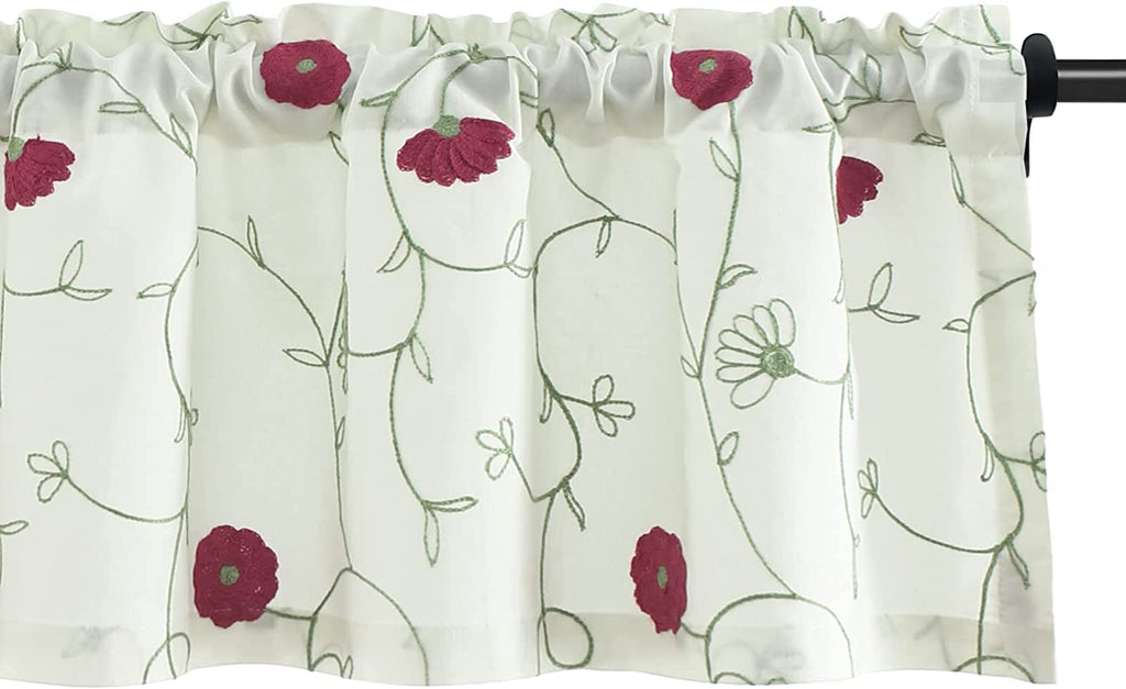 Vogol White Valances For Small Windows Flowers Embroidered Window Valances For Kitchen Living Room, Rod Pocket, 52 X 18 Inches,