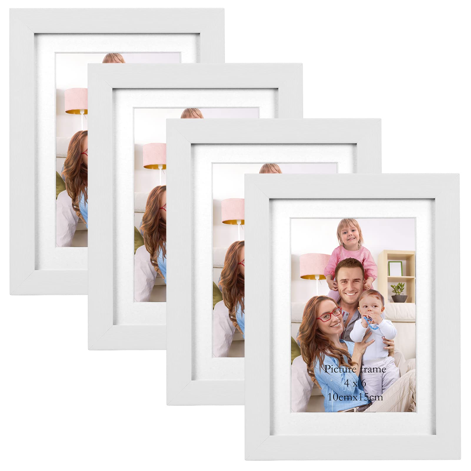 Giftgarden 4x6 Picture Frame Set of 4 White Wood Grain Frames for 4x6 Photos with Mat or 5x7 without Mat, Wall or Tabletop Displ