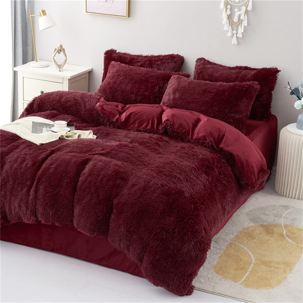 Chovy Faux Fur Plush Wine Red Comforter Sets Twin/Full Size - Ultra Soft Shaggy Flannel Velvet Fluffy Fuzzy 3Pc Bedding Set (Com