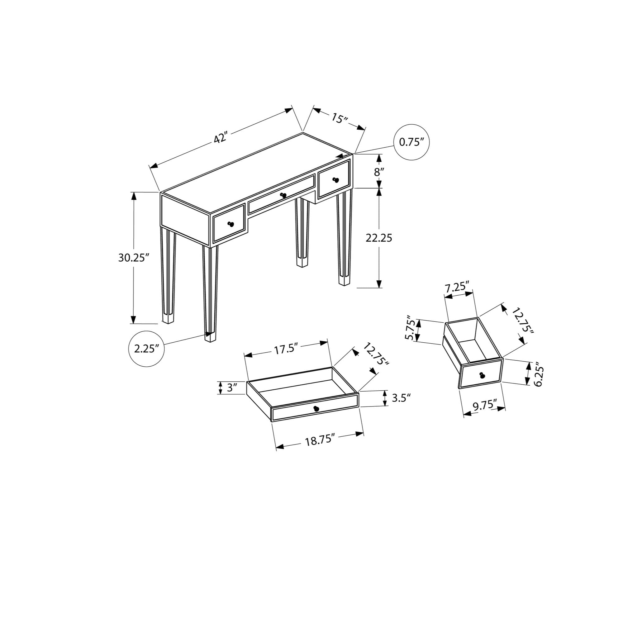 Monarch Specialties 3735 Accent Table, Console, Entryway, Narrow, Sofa, Storage Drawer, Living Room, Bedroom, Grey, Clear, Transitional Table-42 L/Mirror/Silver, 42&quot; L x 15&quot; W x 30.25&quot; H