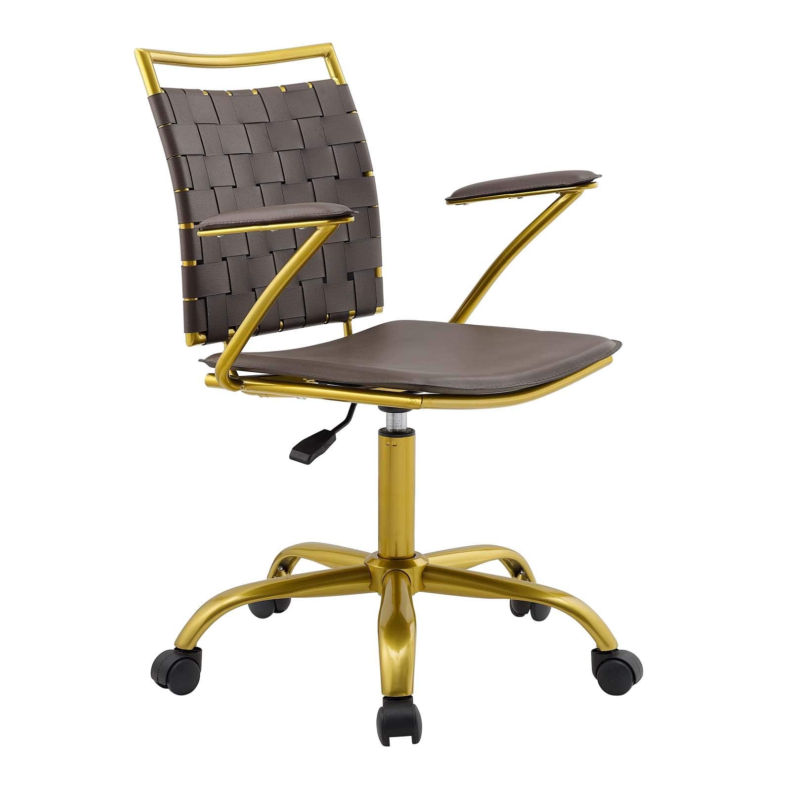 Modway Fuse Webbed Back Faux Leather And Gold Metal Adjustable Office Chair, Brown