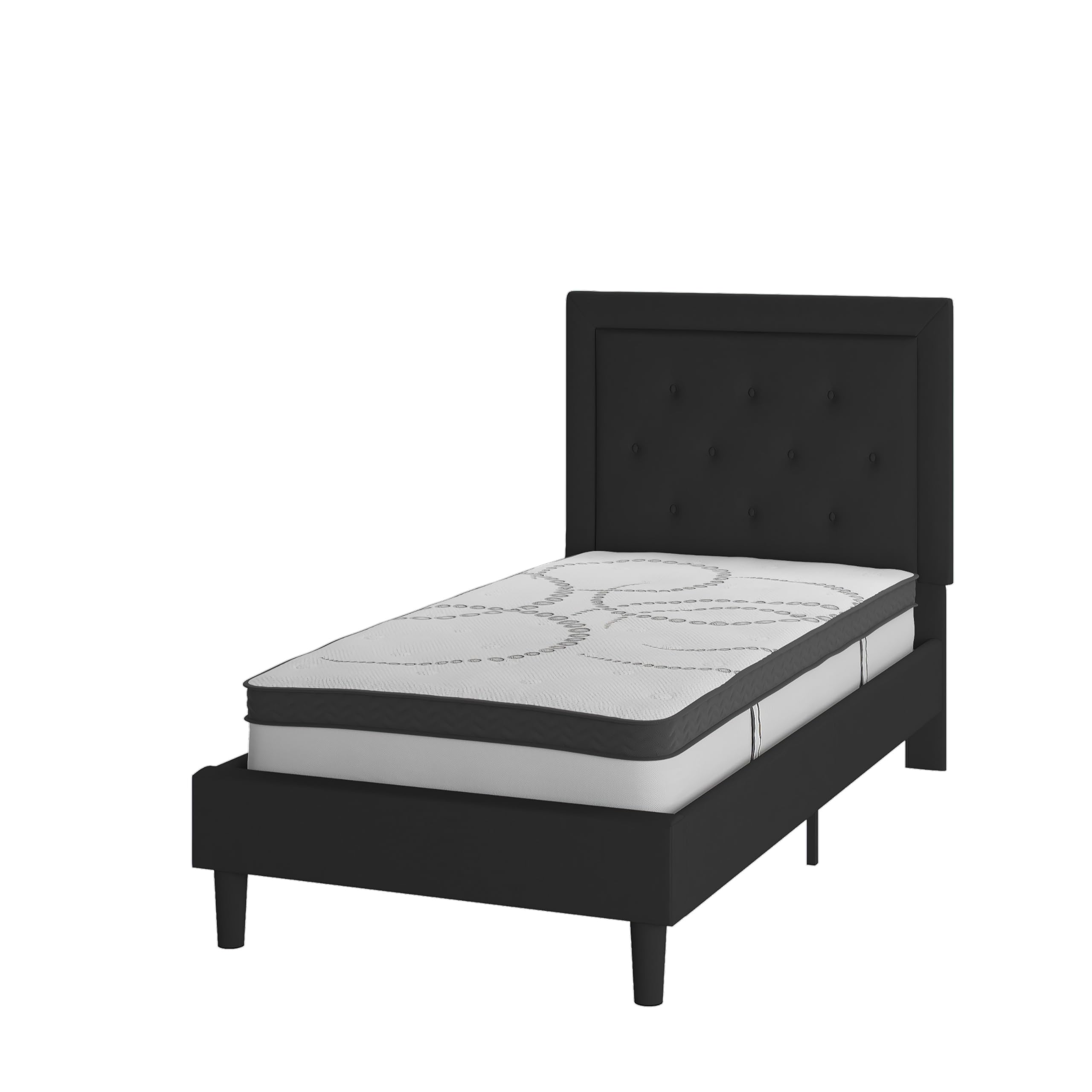 Flash Furniture Roxbury Twin Size Tufted Upholstered Platform Bed In Black Fabric With 10 Inch Certipur-Us Certified Pocket Spring Mattress