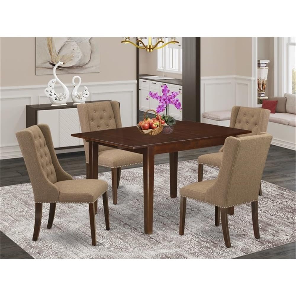 East West Furniture MLFO5-MAH-47 5 Piece Dinette Set Includes a Rectangle Dining Room Table with Butterfly Leaf and 4 Light Sable Linen Fabric Upholstered Chairs, 36x54 Inch, Mahogany