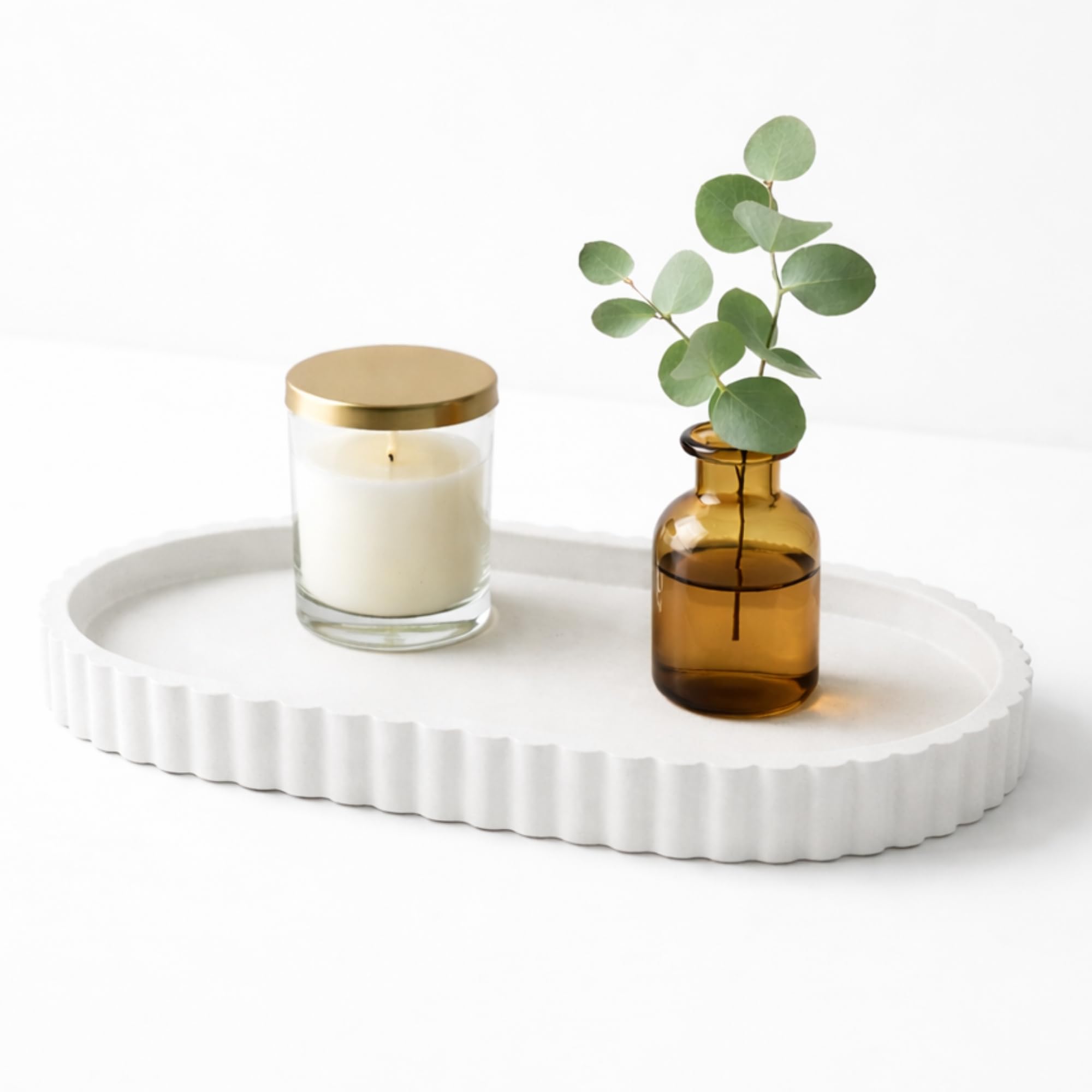 Bathroom Tray For Counter | White Concrete Vanity & Trinket Tray For Jewelry, Perfume & Toiletries Organizer | Oval Decorative T