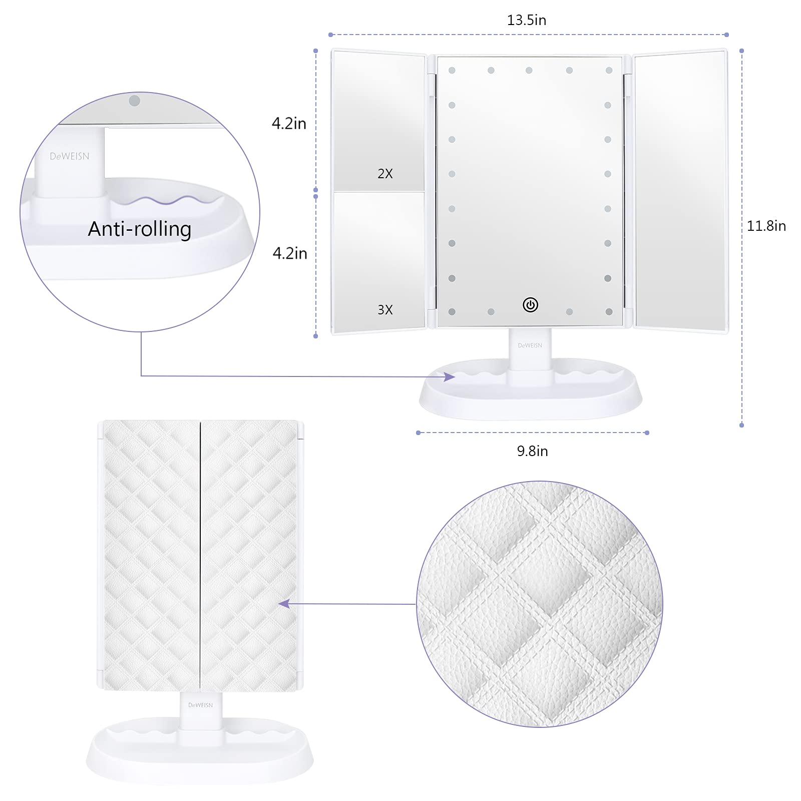 Deweisn Trifold Lighted Vanity Makeup Mirror With 21 Leds Lights,1X/2X/3X Magnification And Touch Screen Dimming,Two Power Suppl