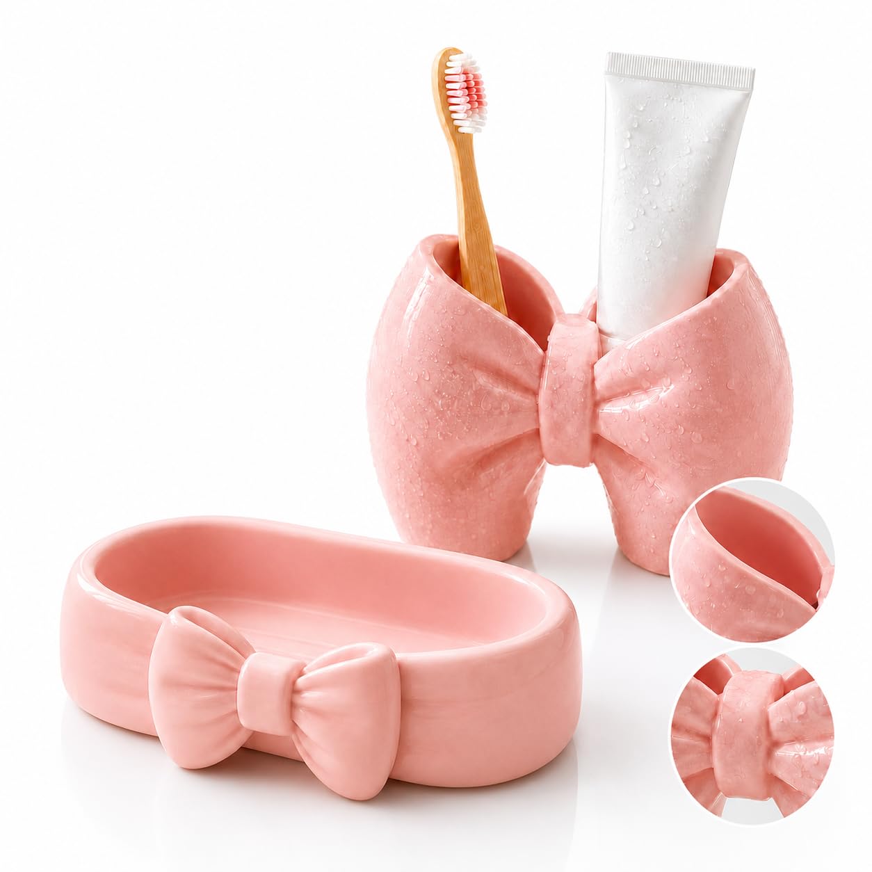 Azoth Bow Bathroom Organizer Set, Toothbrush Holder & Tray, Pink, 2 Pc