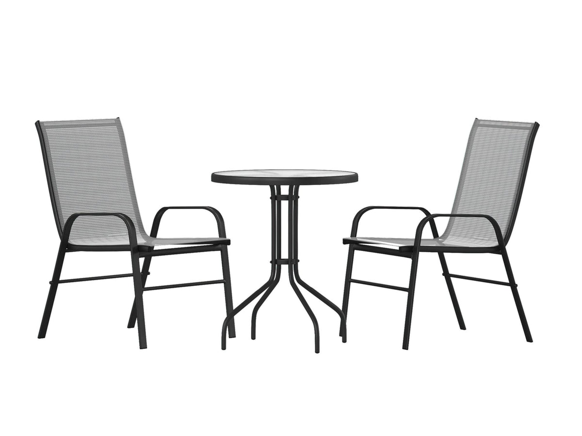 Flash Furniture Brazos 3 Piece Outdoor Patio Dining Set - 2 Gray Flex Comfort Stack Chairs - 23.75&quot; Round Tempered Glass Patio Table