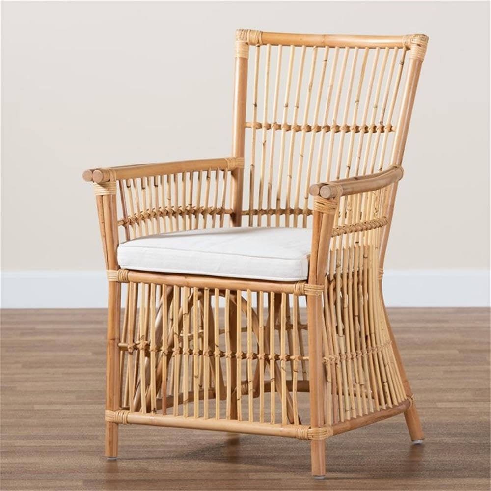 Baxton Studio Rose Modern Bohemian White Fabric Upholstered and Natural Brown Rattan Armchair
