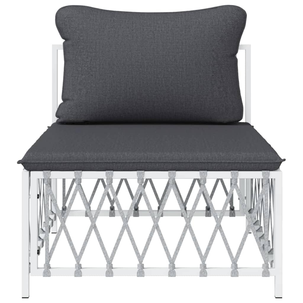 vidaXL Patio Middle Sofa in White Woven Fabric – Durable Outdoor Seat with Cushions, Modular, Flexible Design and Powder-Coated Steel Frame.