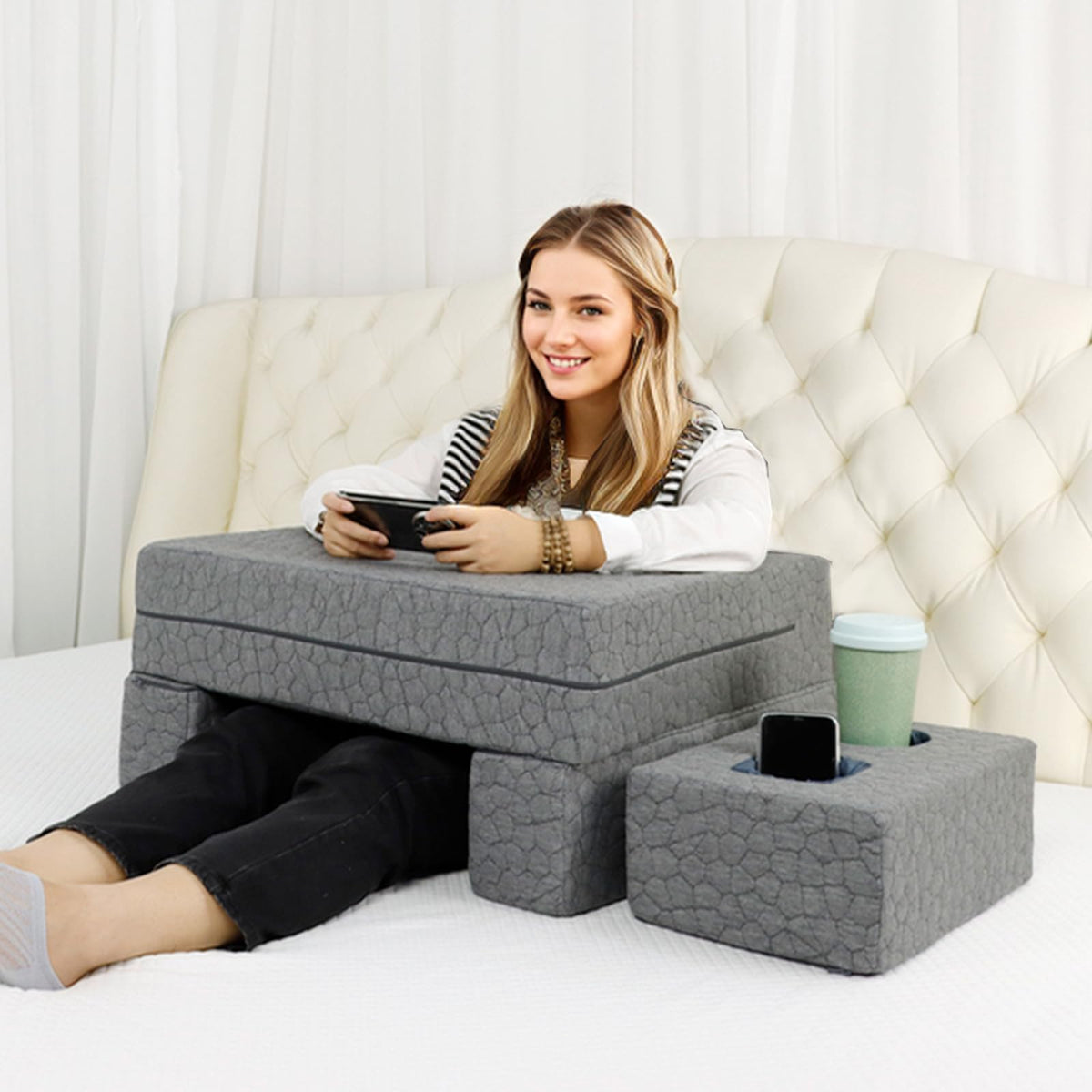Extra Large Reading & Gaming Pillow With Coaster,Adjustable Laptop Desk Pillow For Reading,Gaming,Working,Writing,Lap Desk,Arm R