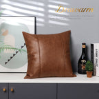 Brawarm Brown Leather Throw Pillow Covers 22 X 22 Inches - Faux Leather Pillow Cover With Piping, Hand Stitched Leather Throw Pi