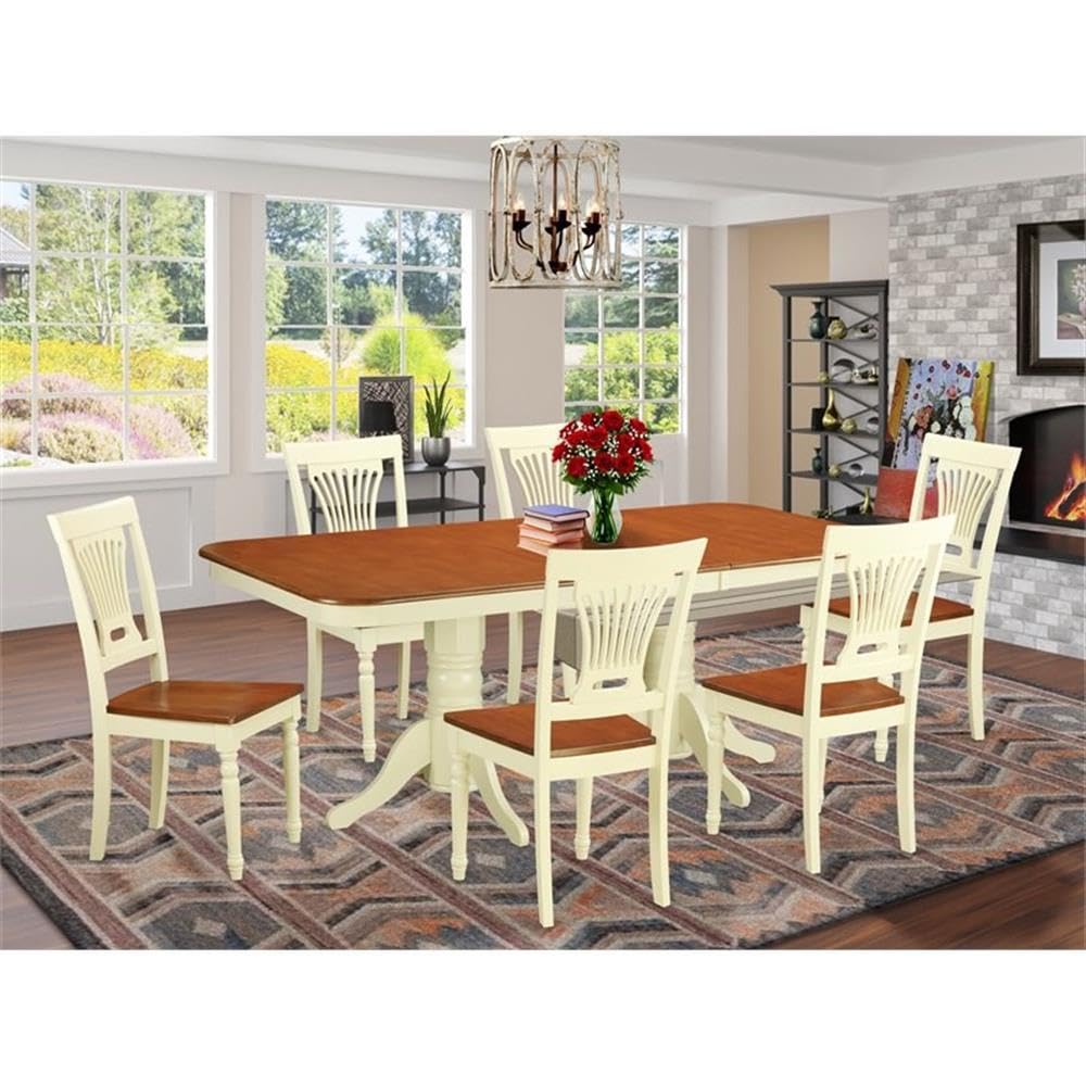 East West Furniture NAPL7-WHI-W 7 Piece Modern Dining Table Set Consist of a Rectangle Wooden Table with Butterfly Leaf and 6 Dining Chairs, 40x78 Inch, Buttermilk & Cherry