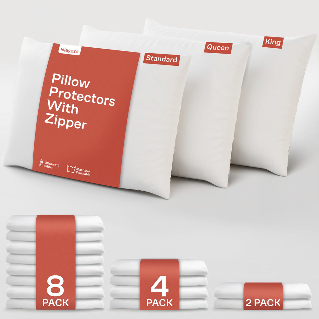 Niagara 8 Pack Standard Pillow Protectors With Zipper, Premium Cotton Sateen Blend Tight Weave Lab Tested Non Noisy Zip Covers B