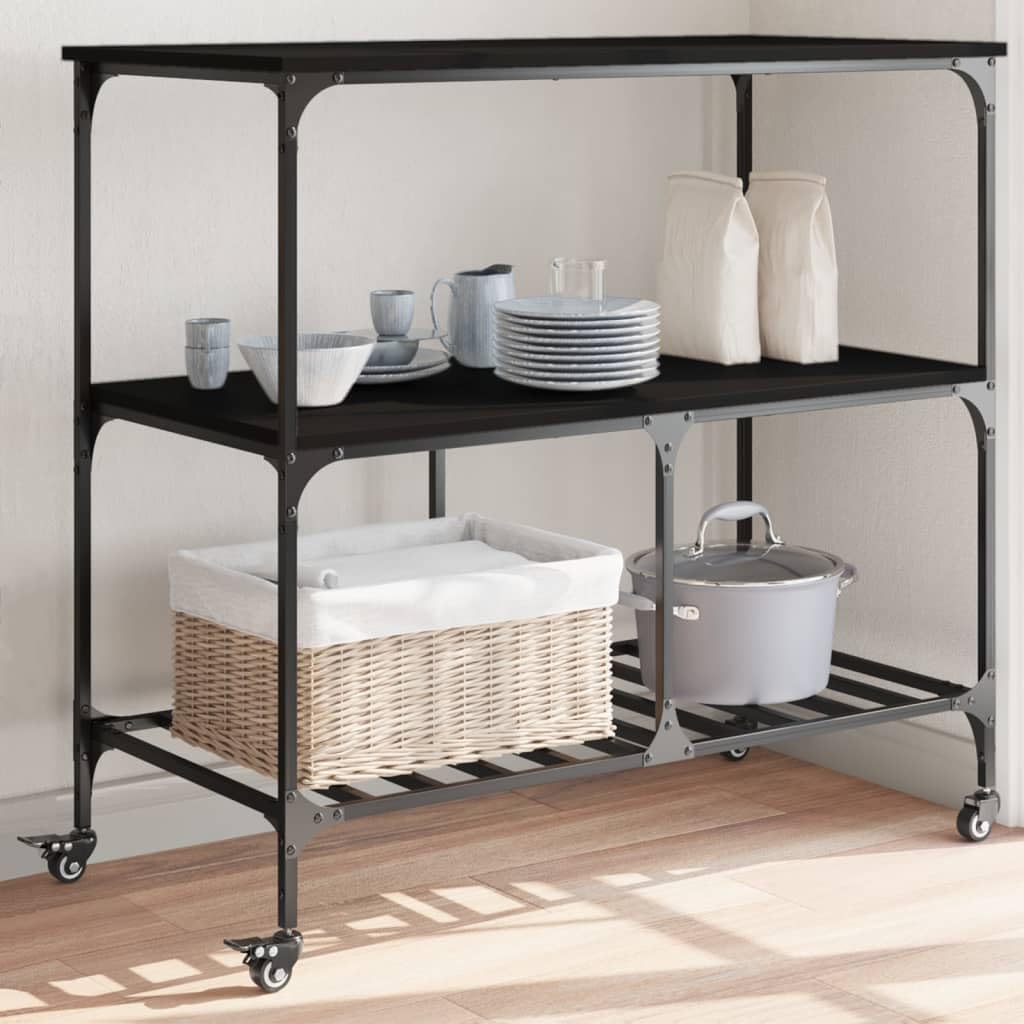 vidaXL Rolling Kitchen Trolley in Black Engineered Wood - Multi-Use Storage Cart with Steel Frame for Kitchen/Living Room