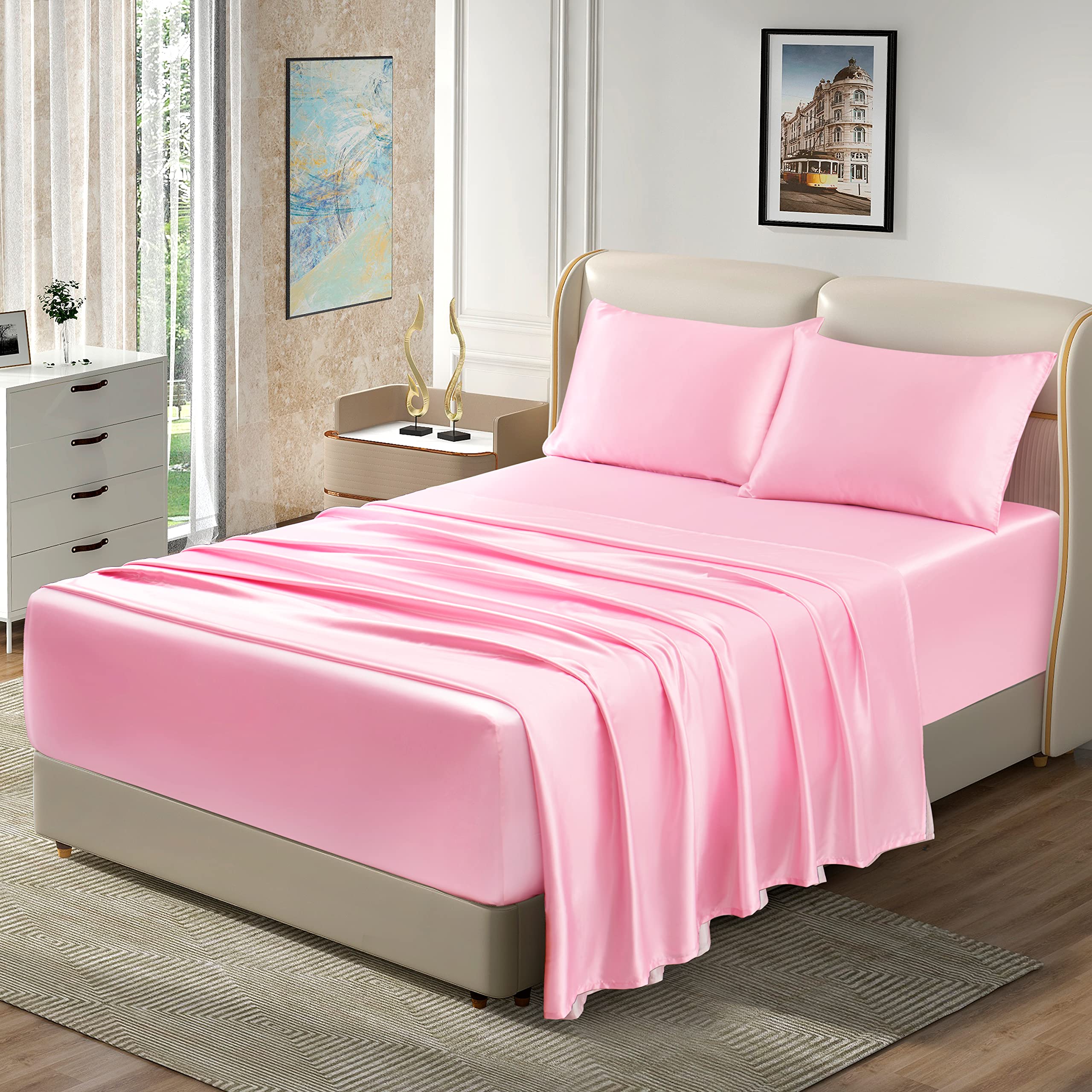 Homiest 4Pcs Extra Deep Pocket Satin Sheets Queen Size Bed Set, 18-24 Inch Deep Pocket Bed Sheets Pink Satin Sheet Set, Silky Sa