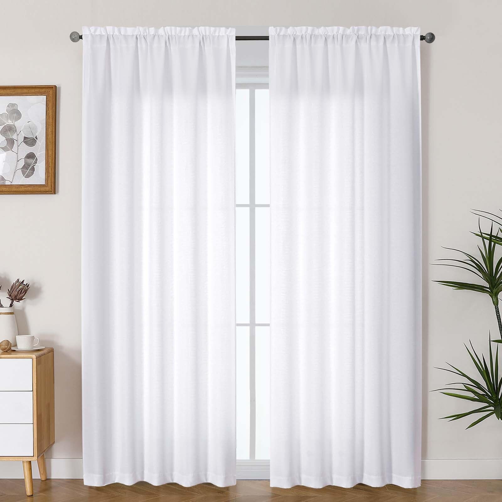 Lecloud Bessie White Curtains 84 Inches Long 2 Panels, Airy Faux Linen Textured Light Filtering Privacy Drapes with Rod Pocket, 