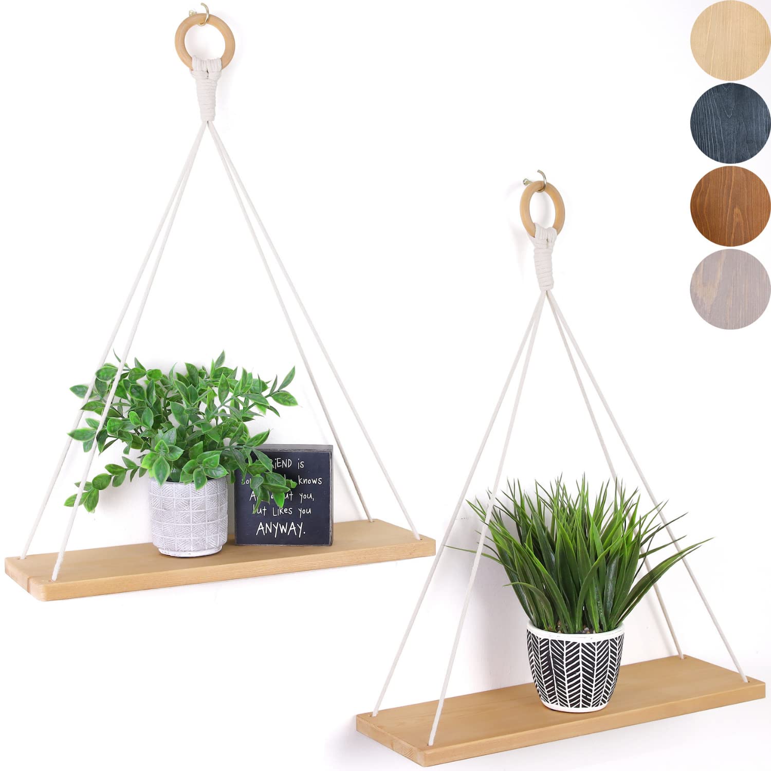 Boho Wall Hanging Shelves  Macrame Shelf Set Of 2 For Bedroom  Bohemian Plant Decor  Wall Mounted (Bright Brown)