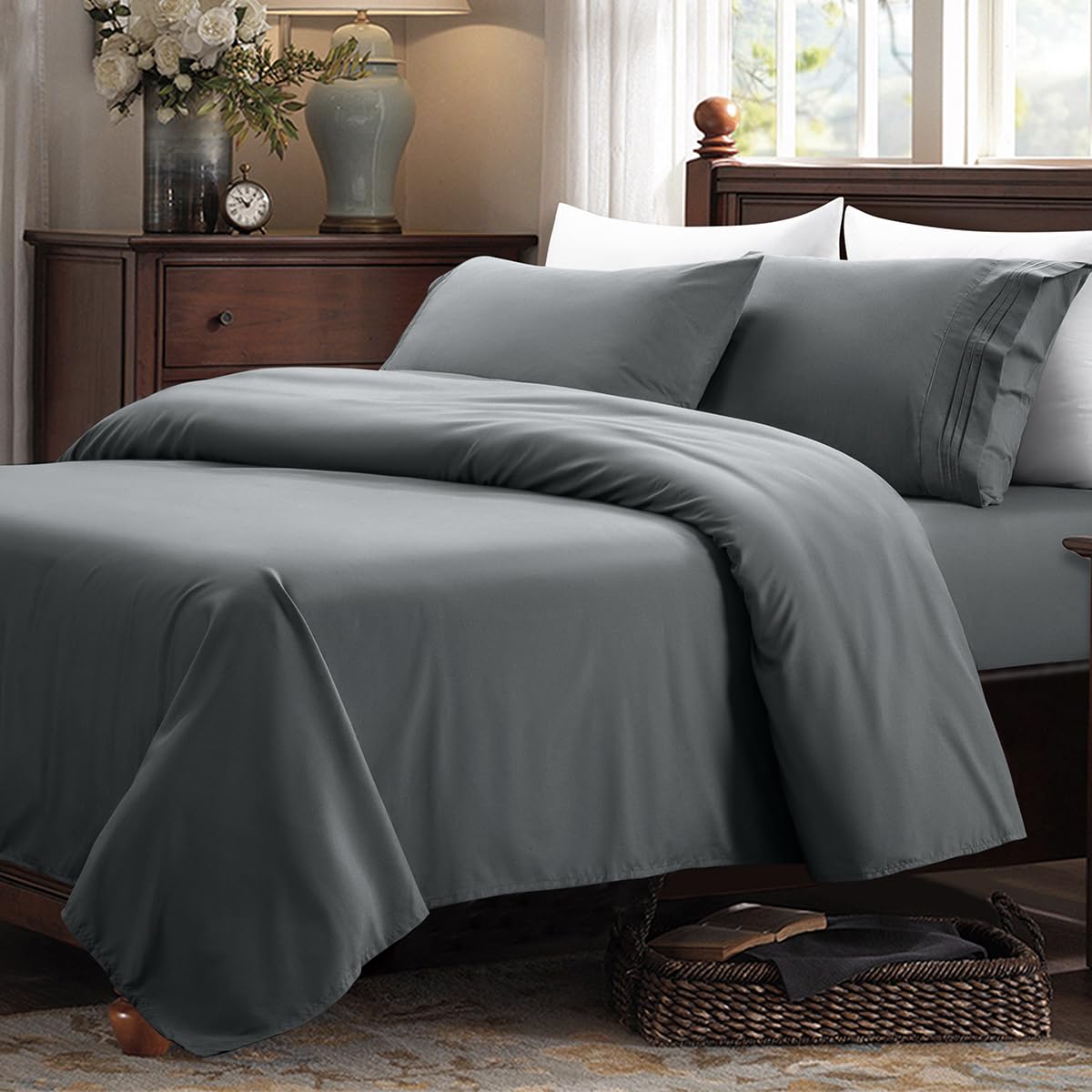 Shilucheng Bed Sheets Set Microfiber 1800 Thread Count Percale Super Soft And Comforterble 16 Inch Deep Pockets - 4 Piece (Calif