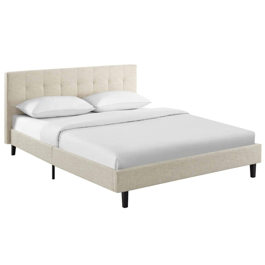 CasaFoyer  Linnea Platform Bed | Elegant Upholstered Full Bed | Tufted Headboard | Wood Legs | Slatted Support System | Beige