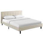 CasaFoyer  Linnea Platform Bed | Elegant Upholstered Full Bed | Tufted Headboard | Wood Legs | Slatted Support System | Beige