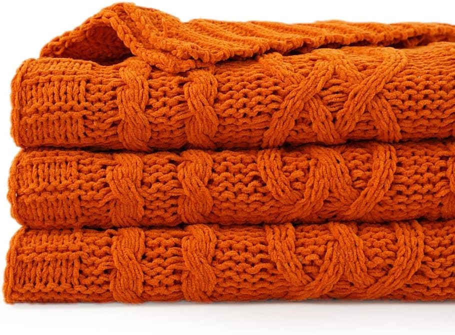 Battilo Burnt Orange Throw Blanket 51' X 67' Warm Fall Throw Blanket For Couch, Halloween Throw Blanket,Woven Chenille Knit Th