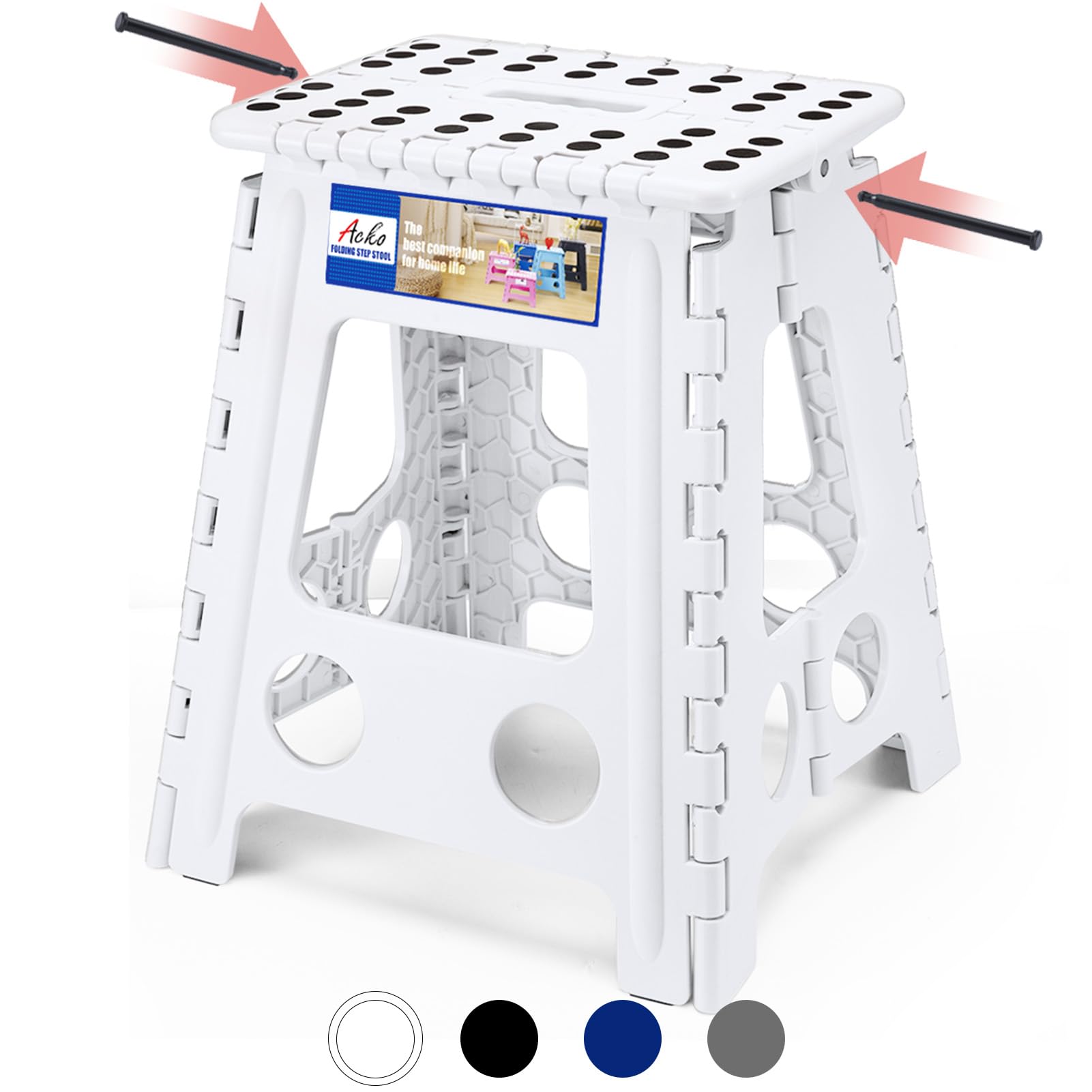 Acko Folding Step Stool Foldable 16 Inch Stool 400 Lbs Capacity,Plastic Stools For Adults And Kids,Collapsible Stool For Kitchen, Stepping Stool With Handle(White)