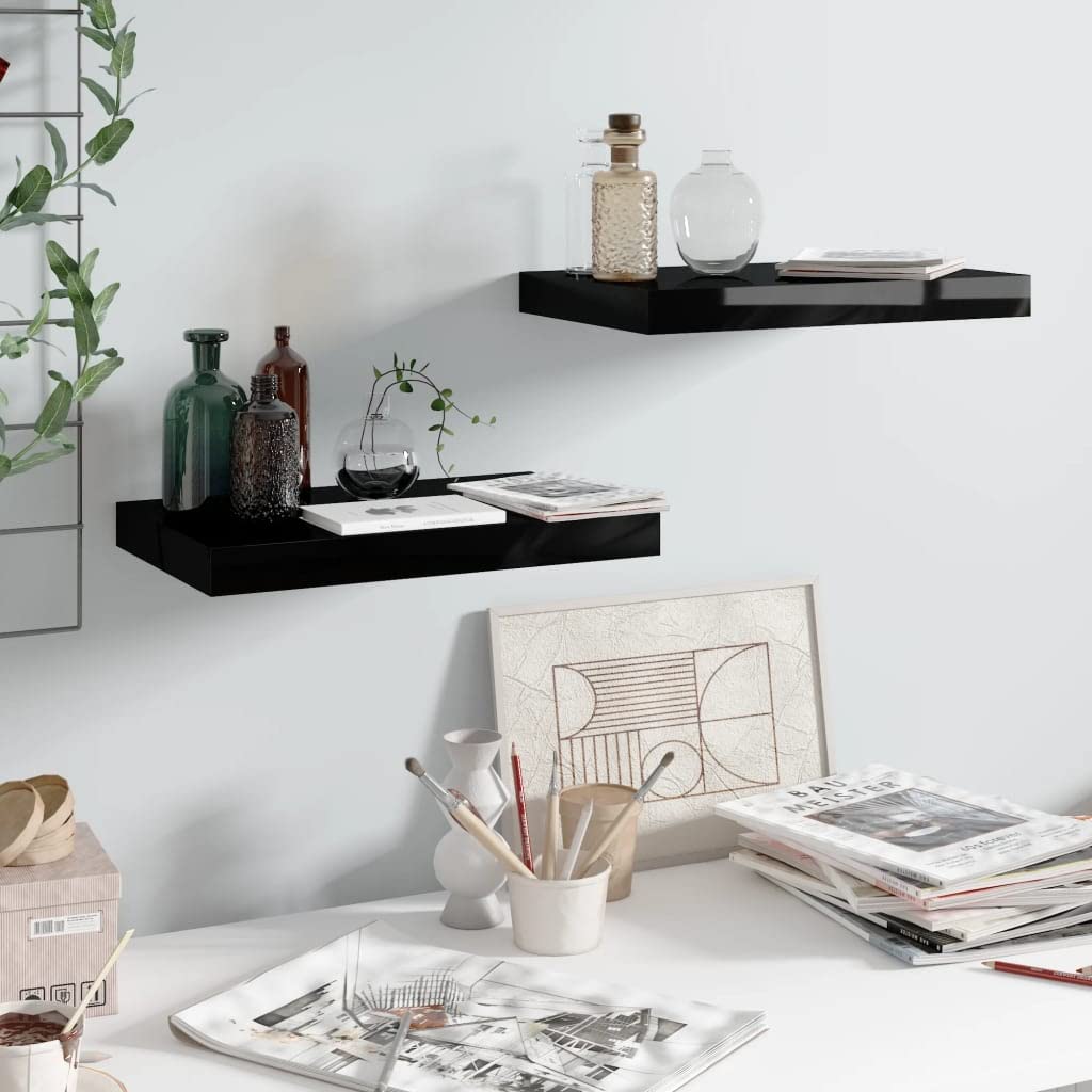 vidaXL Floating Wall Shelves 2 pcs High Gloss Black 15.7&quot;x9.1&quot;x1.5&quot; MDF