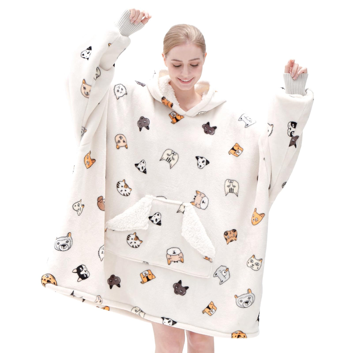 Touchat Wearable Blanket Hoodie, Oversized Sherpa Fleece Sweatshirt Blanket With Giant Hood Pocket And Sleeves For Adult, Warm &