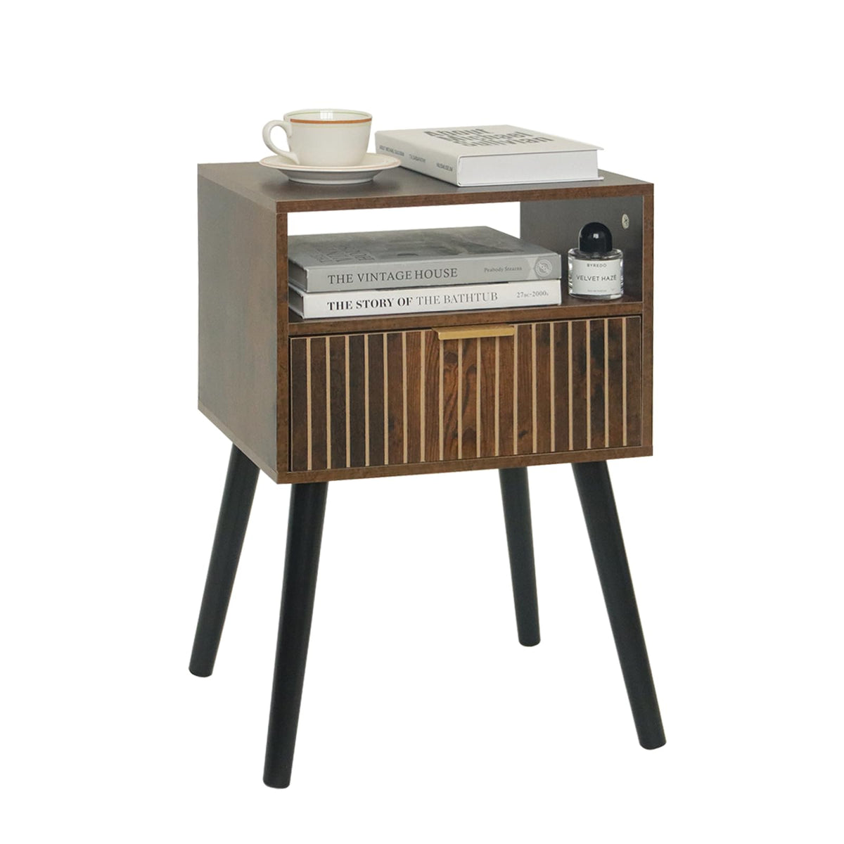 Maxsmeo Small Nightstand Wood Bedside Table With Drawer, Modern End Table For Bedroom And Small Spaces, Solid Wood Legs, Easy Assembly, Rustic Brown And Black