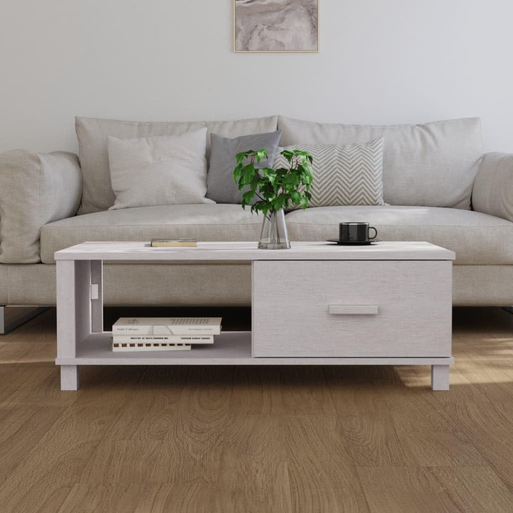 vidaXL HAMAR Rectangular Coffee Table - White Solid Pinewood Construction with Spacious Storage Drawer and Compartment - Ideal for Living Room