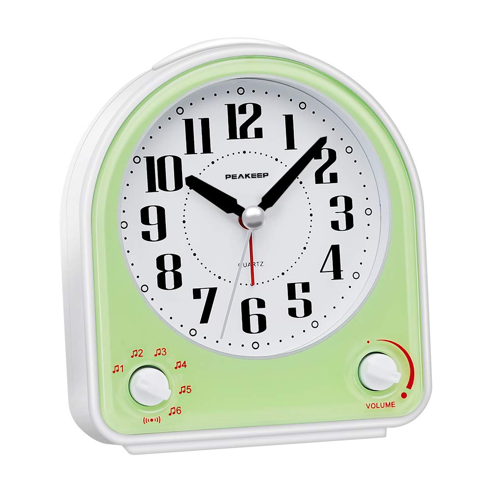 Peakeep Analog Alarm Clock Non-Ticking Silent, Optional 7 Wake-up Sounds with Volume Control, Nightlight and Snooze, AA Battery 