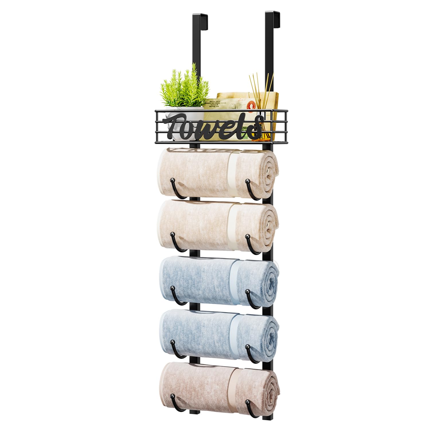 HapiRm 6-Tier Over The Door Towel Racks for Bathroom - Wall Mount Towel Holder with Metal Shelf Basket - Rolled Towel Storage Do