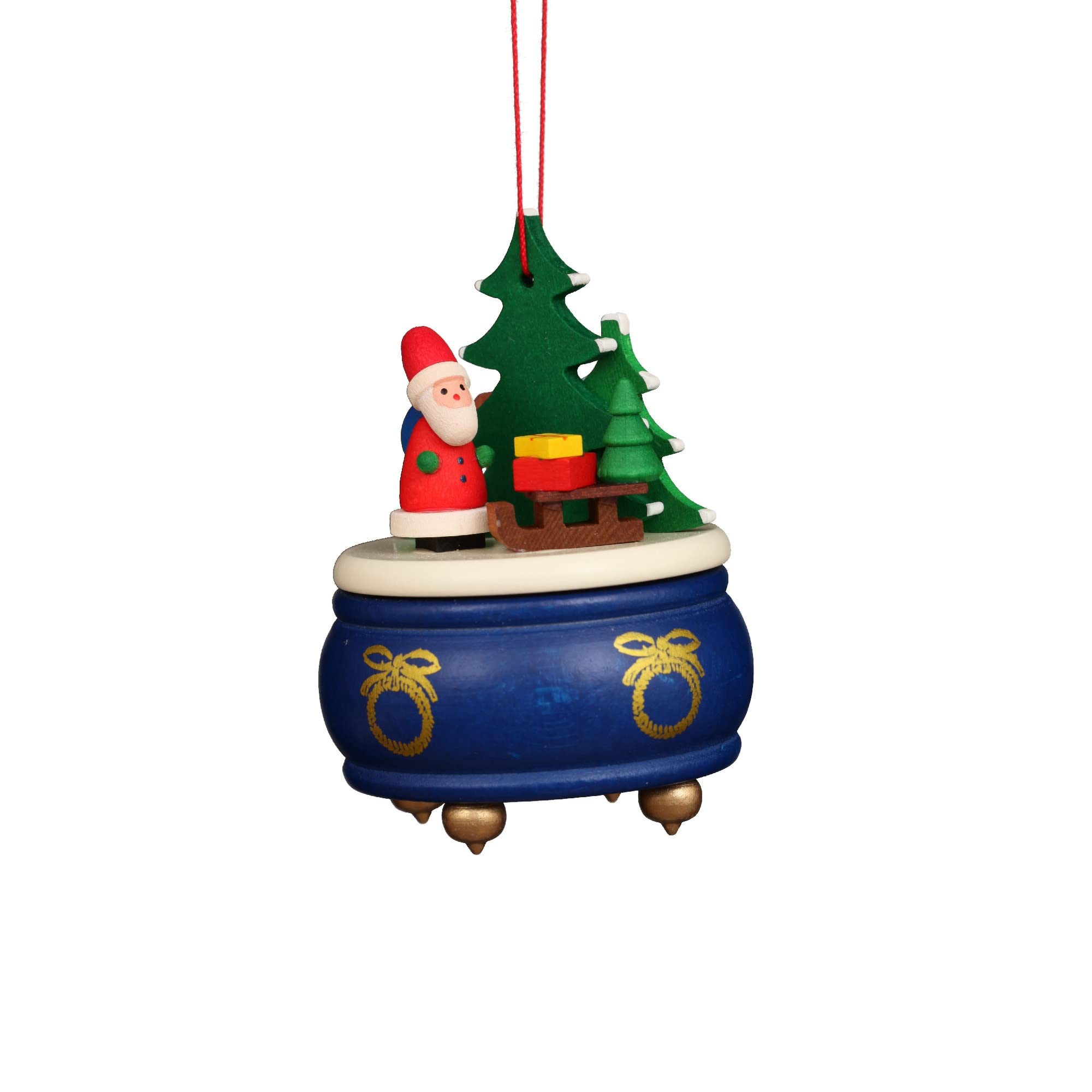 10-0925 - Christian Ulbricht Ornament - Blue Music Box With Santa - 3''H X 2.5''W X 2.5''D
