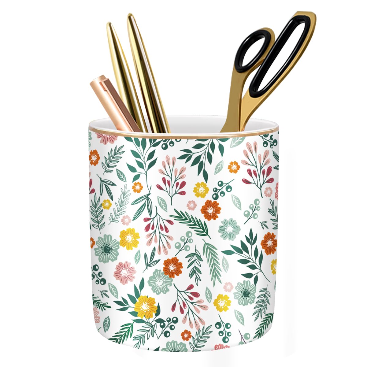 Waveyu Desk Pen And Pencil Holder, Ceramic Multifunctional Organizer For Home, Office, And School, Green Floral Pattern