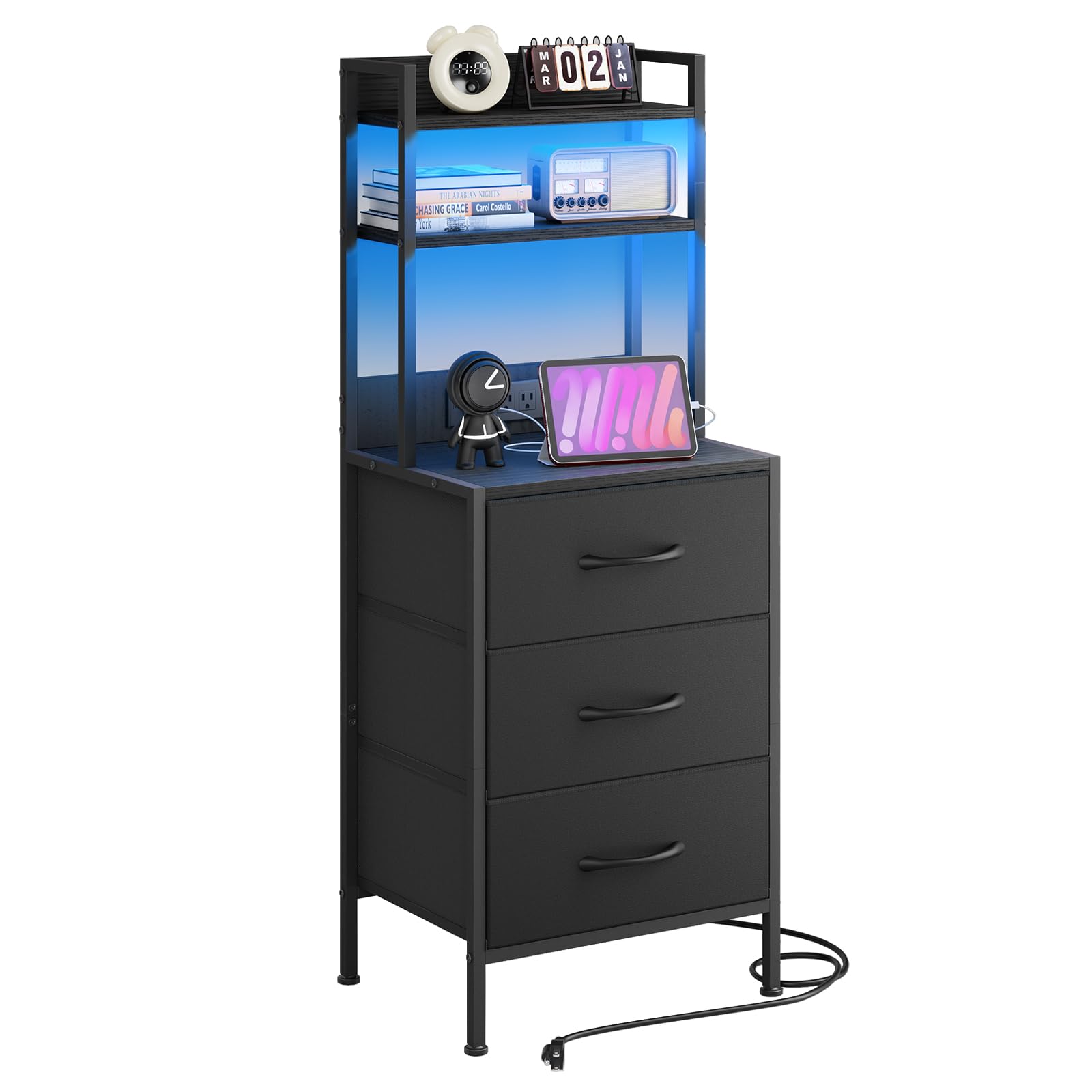 Fixwal 41 Inch Tall Nightstand with Charging Station, Led Night Stand with USB Port & Socket, 3 PU Finished Fabric Storage Drawe