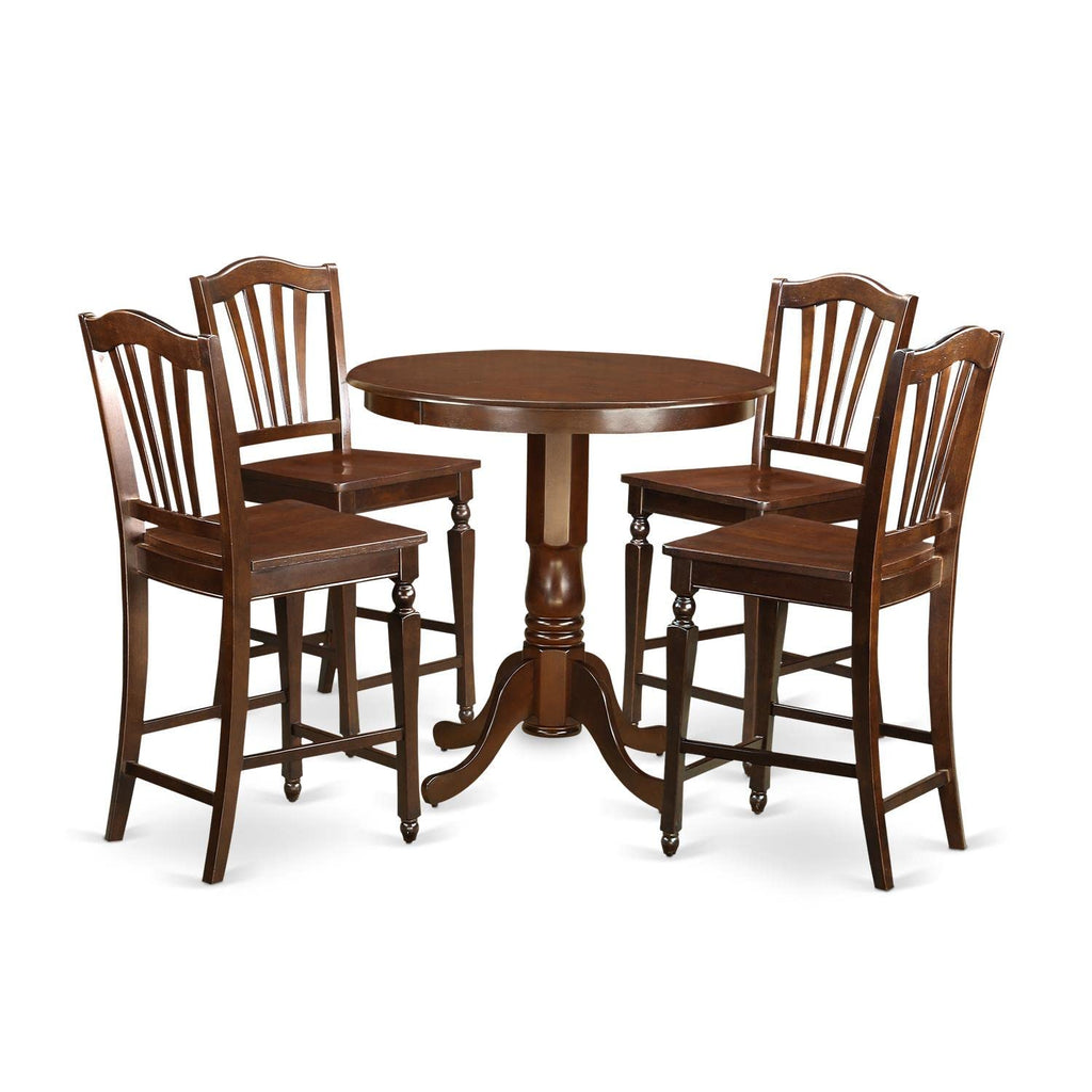 East West Furniture JACH5-MAH-W 5 Piece Kitchen Counter Height Dining Table Set Includes a Round Wooden Table with Pedestal and 4 Dining Chairs, 36x36 Inch, Mahogany