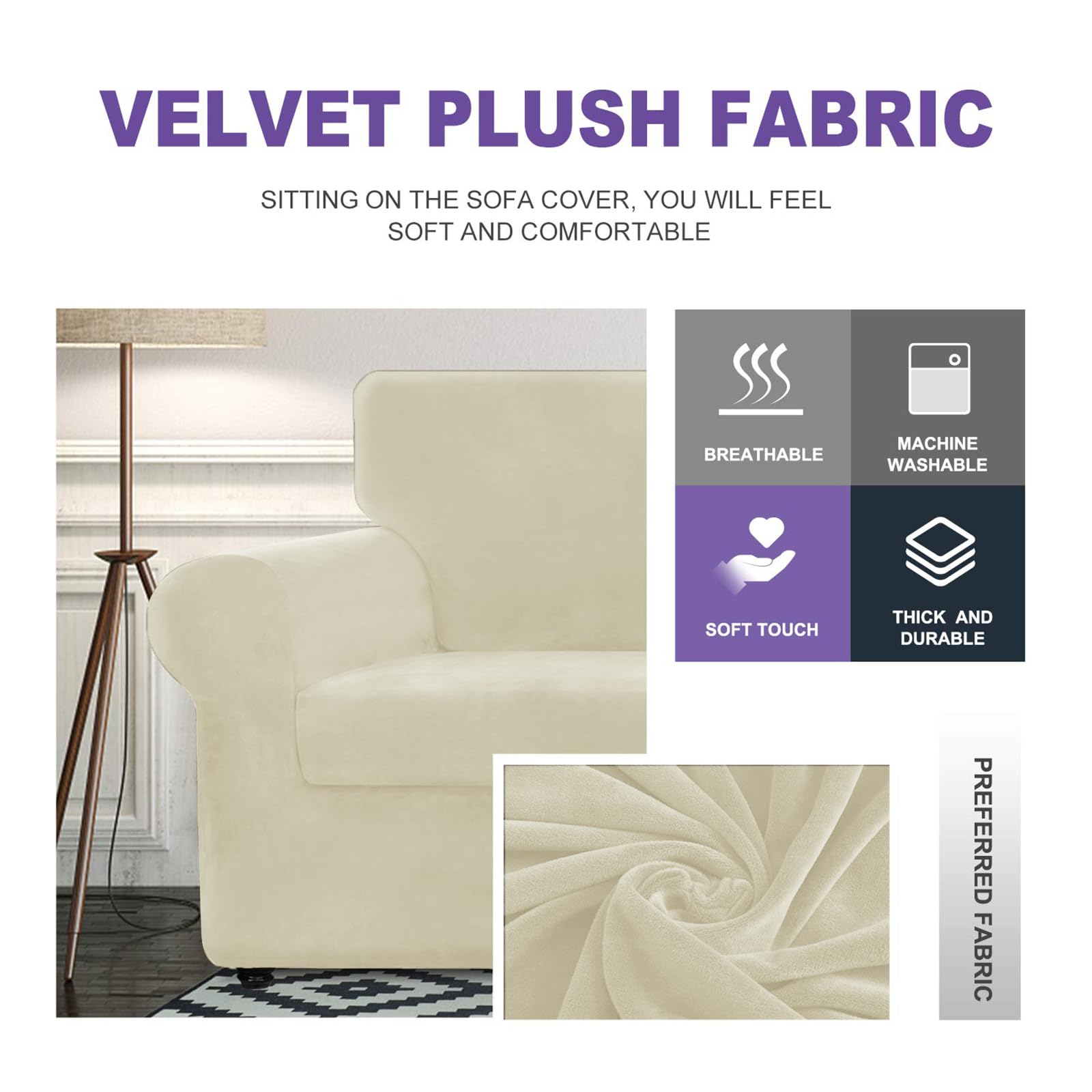 Znsayotx Oversized Velvet 3 Piece Couch Cover With 2 Extra Large Seat Cushion Covers Stretch Sofa Cover For 2 Cushion Couch Thick Soft Loveseat Sofa Slipcover (Beige),71'-91'(2 Cushions)