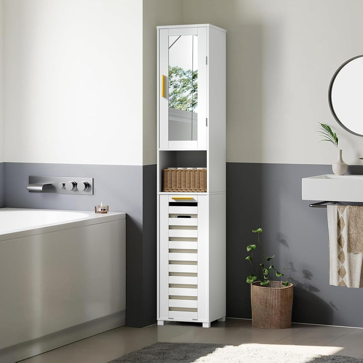 VECELO Tall Bathroom Storage Cabinet with Mirror and Hidden Basket, Freestanding Slim Organizer with Adjustable Shelves and Shut