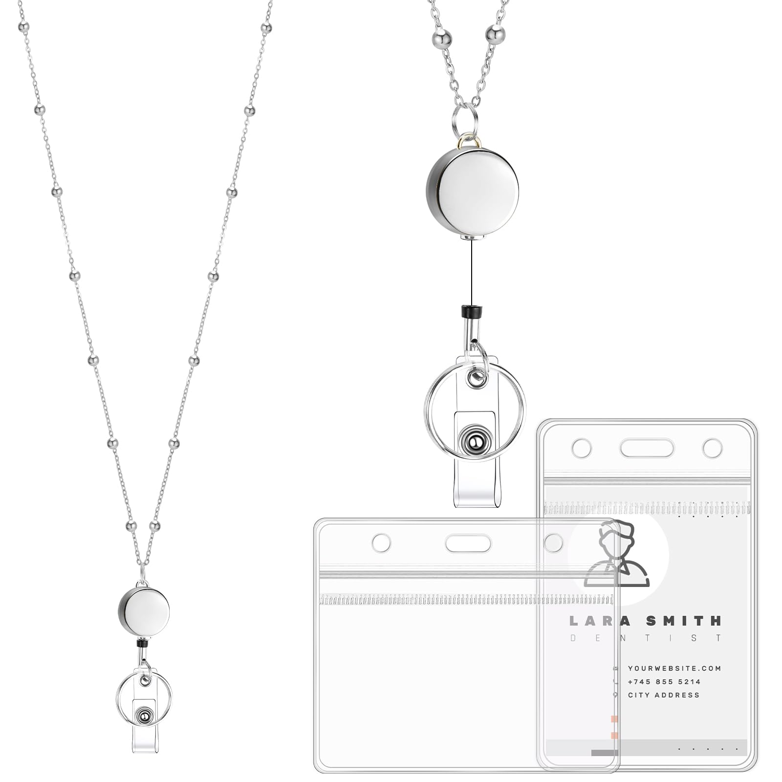 Prudiut Lanyards For Id Badges Stainless Steel Badge Lanyards With 2 Pcs Waterproof Id Badge Holder Retractable Id Badge Lanyard