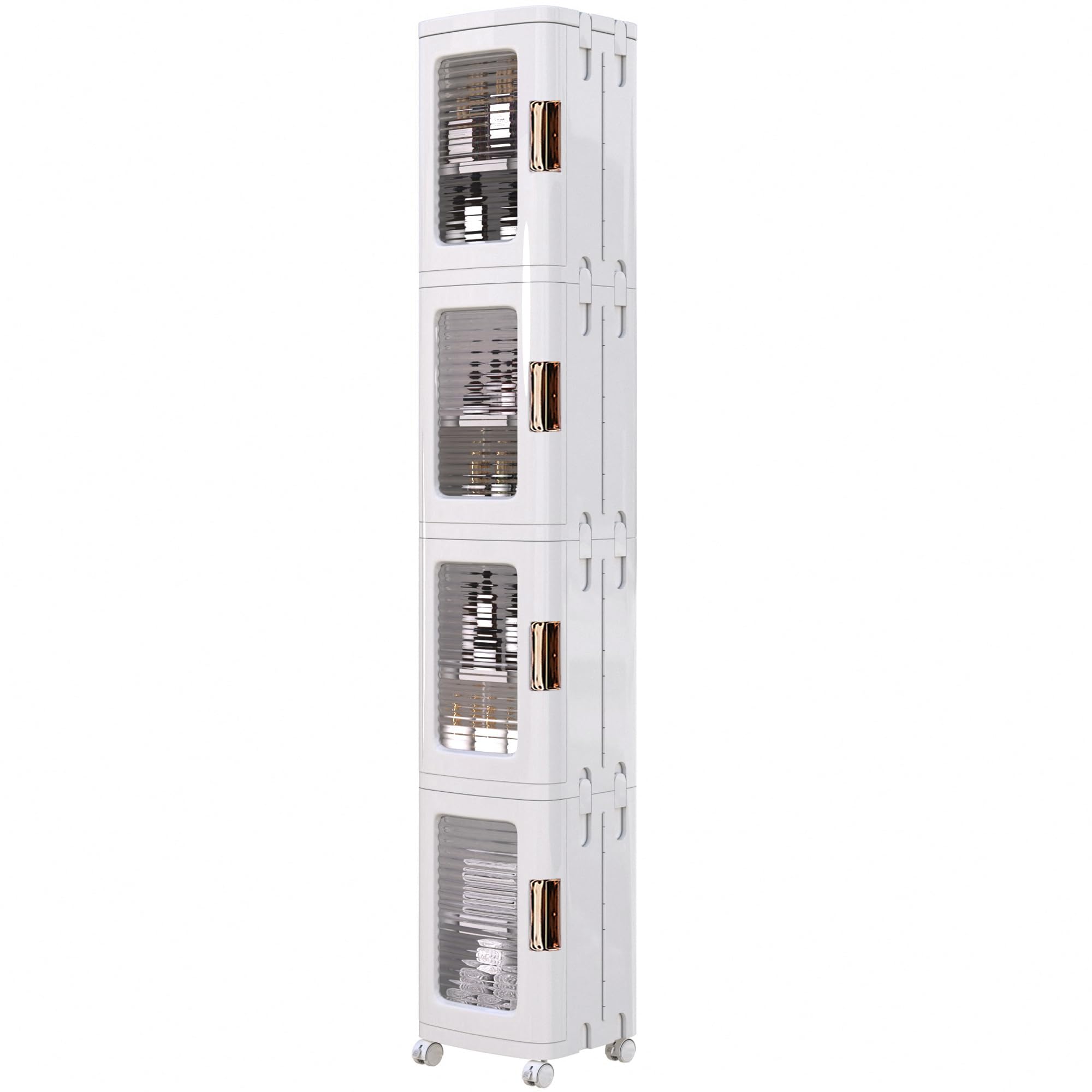 Vecelo 4-Tier Plastic Tall Narrow Storage Cabinet With Movable Wheels, Adjustable Shelves, Magnetic Doors, Slim Bathroom Organiz
