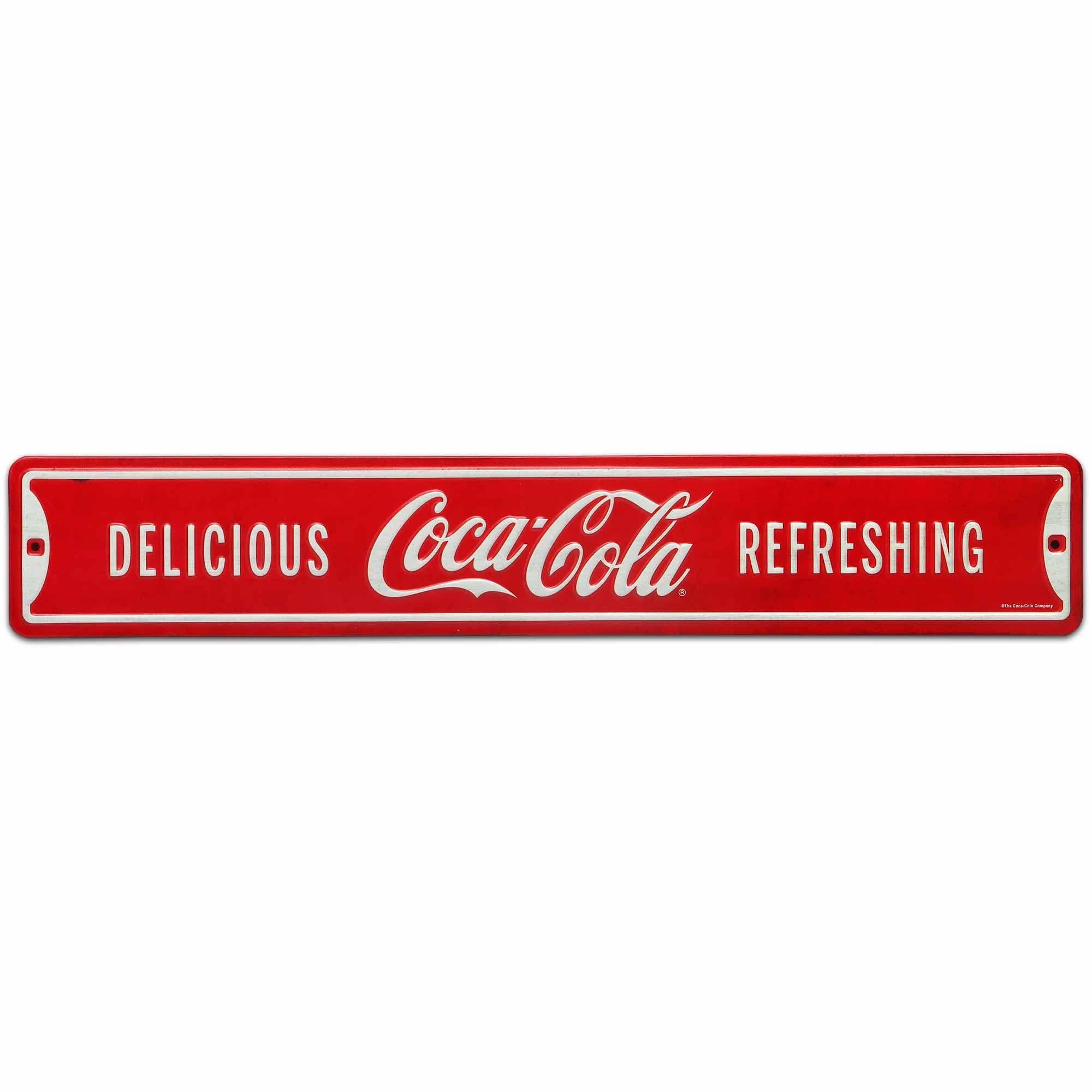 Coca-Cola Delicious and Refreshing Embossed Metal Street Sign - Vintage Coca-Cola Sign for Home