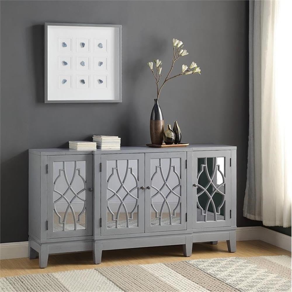 Acme Magdi Wooden Console Table with 4 Mirrored Doors in Antique Gray
