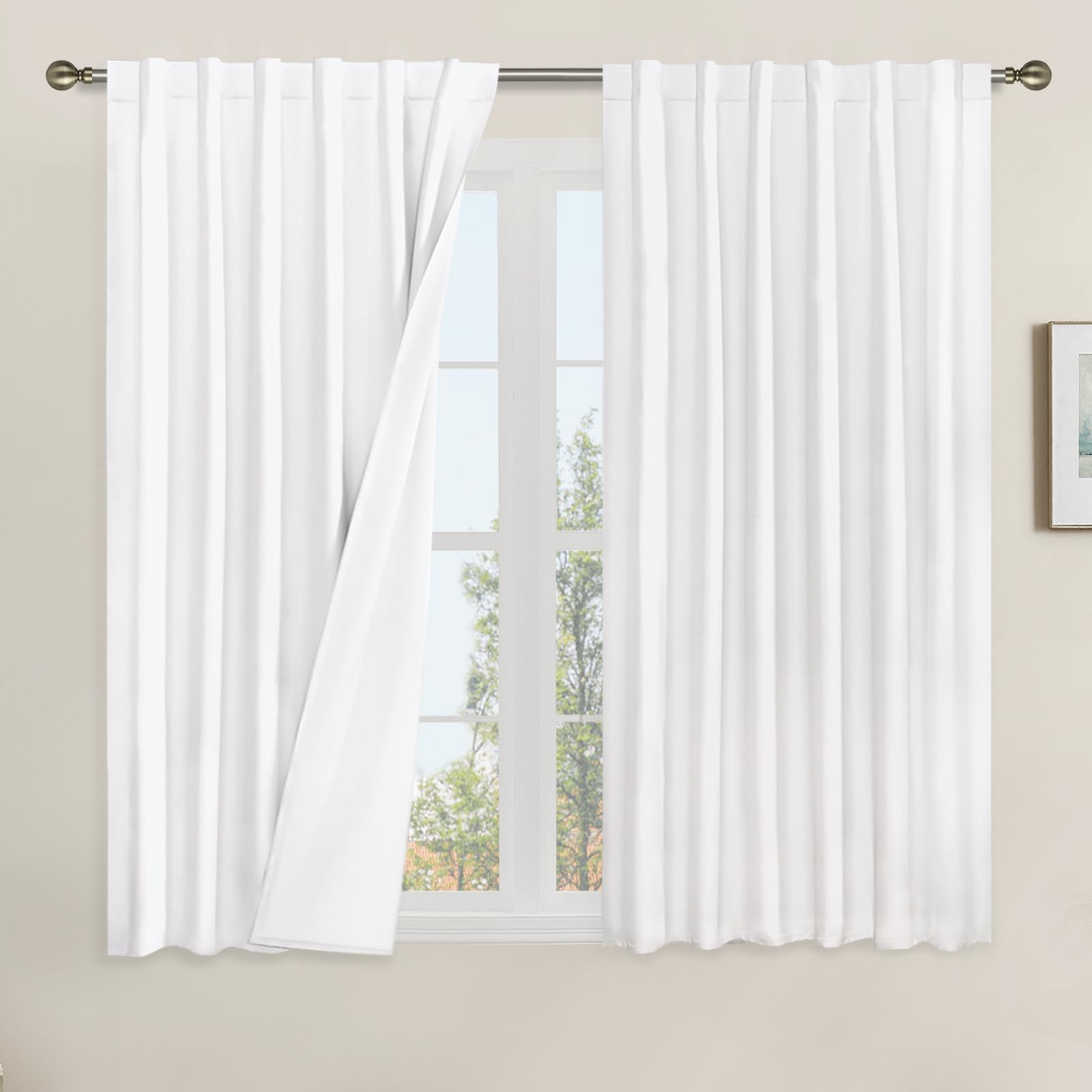 Lamit White Linen Blackout Curtains 54 Inches For Bedroom, Thermal Farmhouse Curtains Back Tab And Rod Pocket Privacy Protected