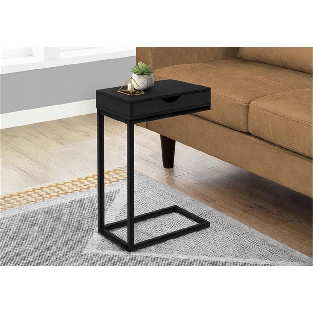 Monarch Specialties 3600, C-Shaped, End, Side, Snack, Storage, Living Room, Bedroom, Laminate, Black, Contemporary, Modern Accent Table Metal With A Drawer, 16&quot; L X 10.25&quot; W X 24.5&quot; H