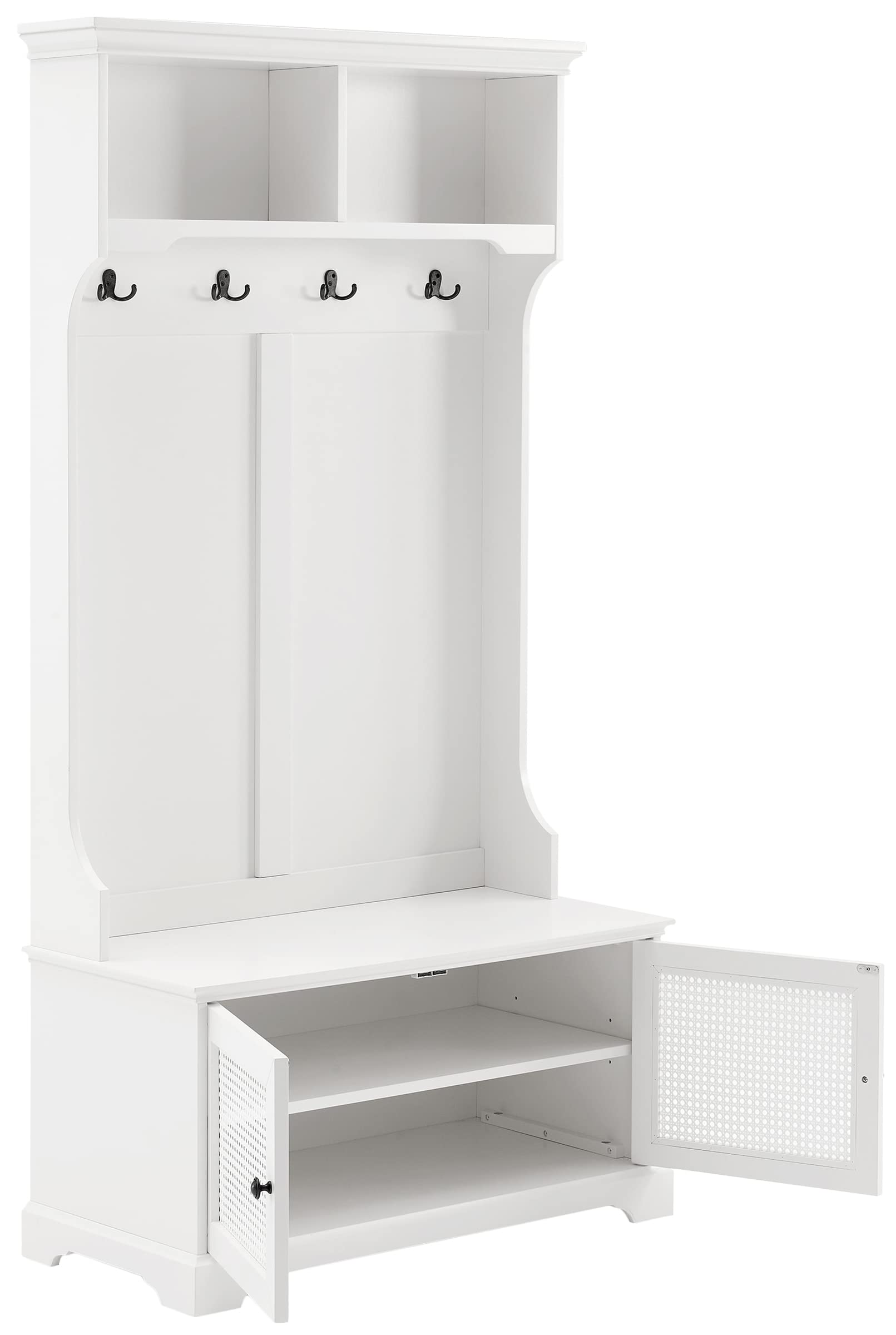 Crosley Furniture Sarah Hall Tree With Shoe Rack Bench And Coat Hooks For Hanging Storage, White