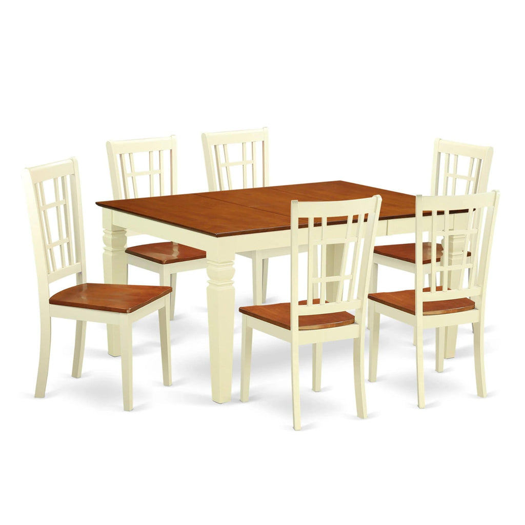 East West Furniture WENI7-BMK-W 7 Piece Kitchen Table & Chairs Set Consist of a Rectangle Dining Room Table with Butterfly Leaf and 6 Dining Chairs, 42x60 Inch, Buttermilk & Cherry